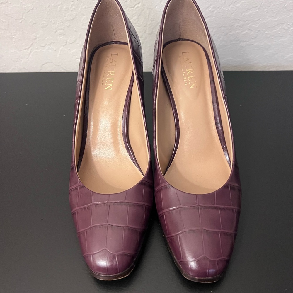 Ralph Lauren Plum Croc-Embossed Leather Pumps